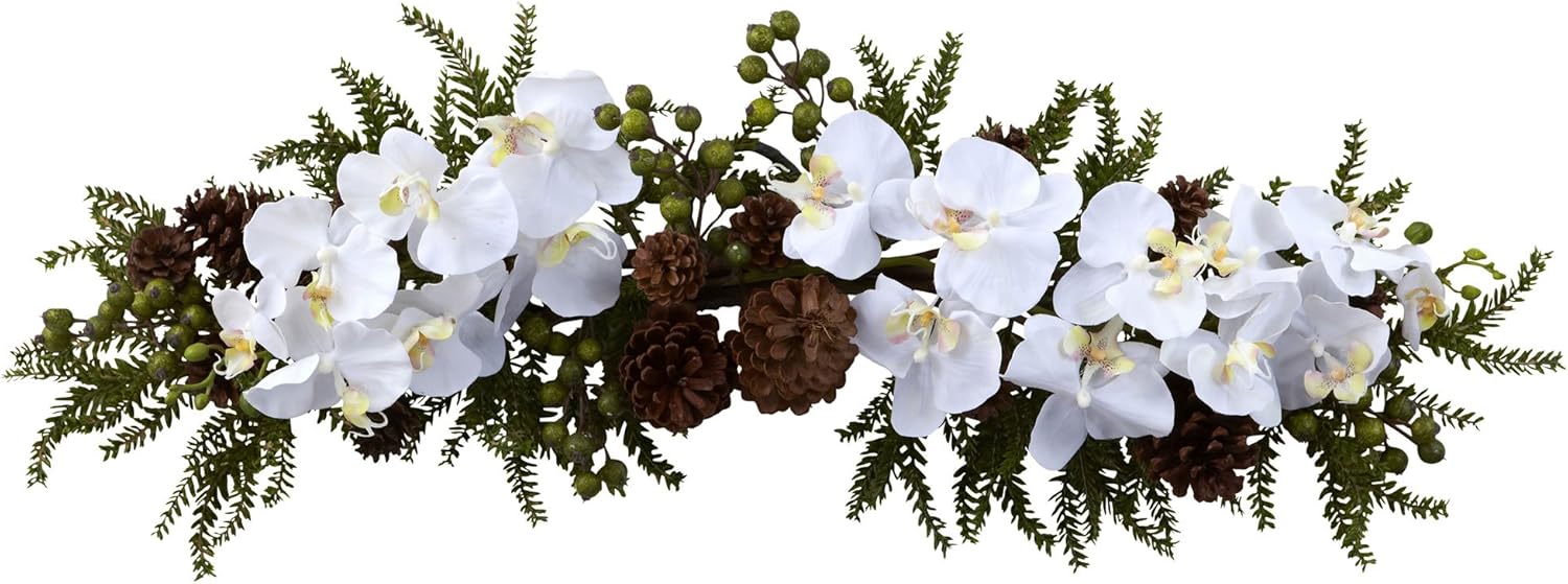 Nearly Natural 4946 Phalaenopsis Orchid and Pine Swag, 30-Inch, Green/White,27.5" x 7" x 4.5"