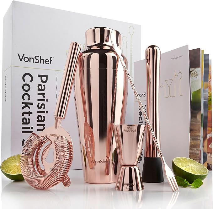VonShef Copper Premium French Parisian Cocktail Shaker Set in a Gift Box, Includes Recipe Guide