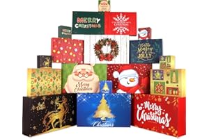 Giiffu 18 Christmas Cardboard Gift Boxes with Lids, 12 Designs and 4 Sizes with Gift Stickers, Assorted Size Xmas Decorative Gift Boxes for Wrapping Robes, Sweater, Shirt, Clothes, Holiday Present