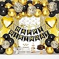 Black Gold Birthday Decorations, Gold Party Decorations Set with Birthday Banner, Black Gold Balloons, Gold Fringe Party Curtains, Hanging Swirls, Cake Toppers for Girls Women Men Kids Birthday Party