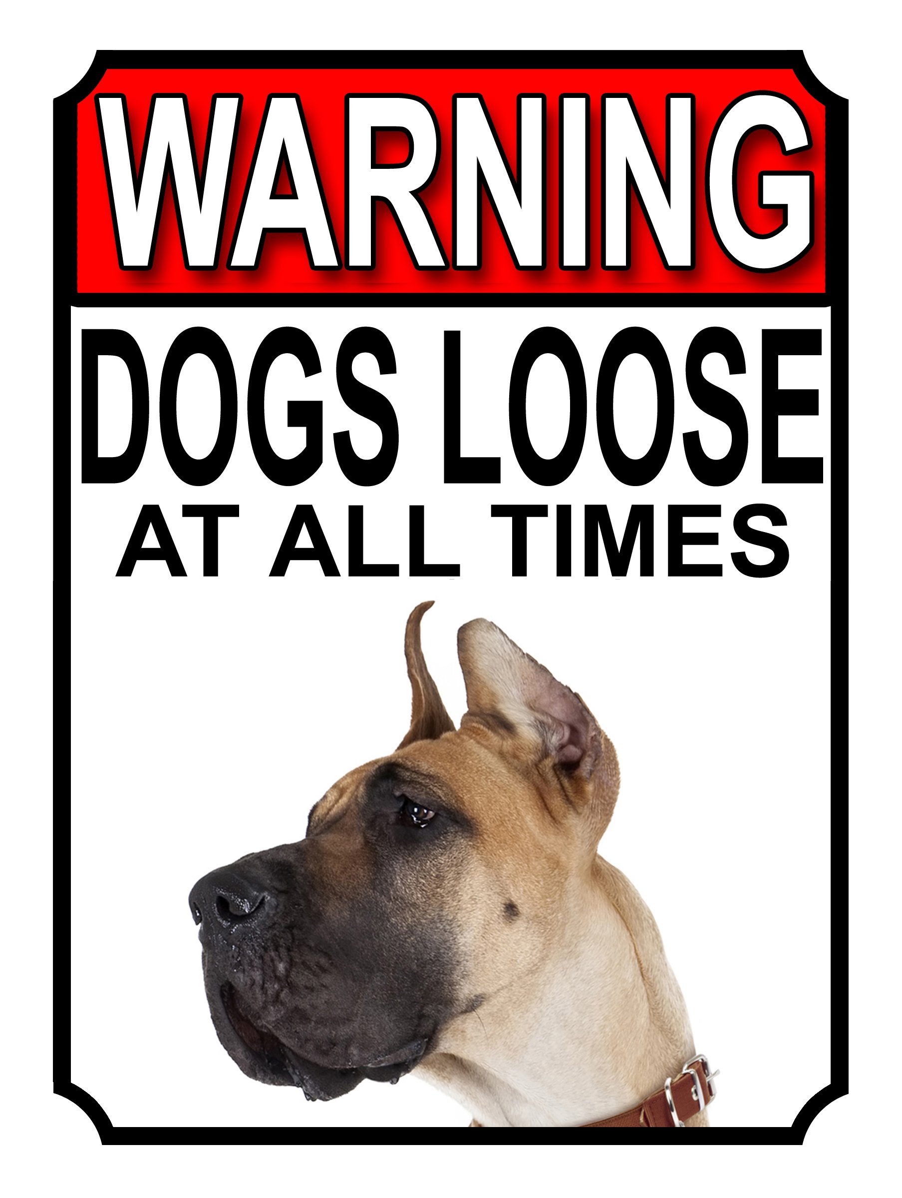 WARNING DOGS LOOSE AT ALL TIMES METAL GATE SIGN GREAT DANE 200MM X 150MM (1270H1) — image 1