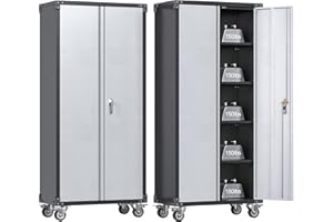 SUXXAN Metal Storage Cabinet with Wheels, Rolling Garage Storage Cabinets with 4 Adjustable Shelves, Metal Garage Storage Cabinet with Wheels, Locking Cabinet 72" H, Assembly Require