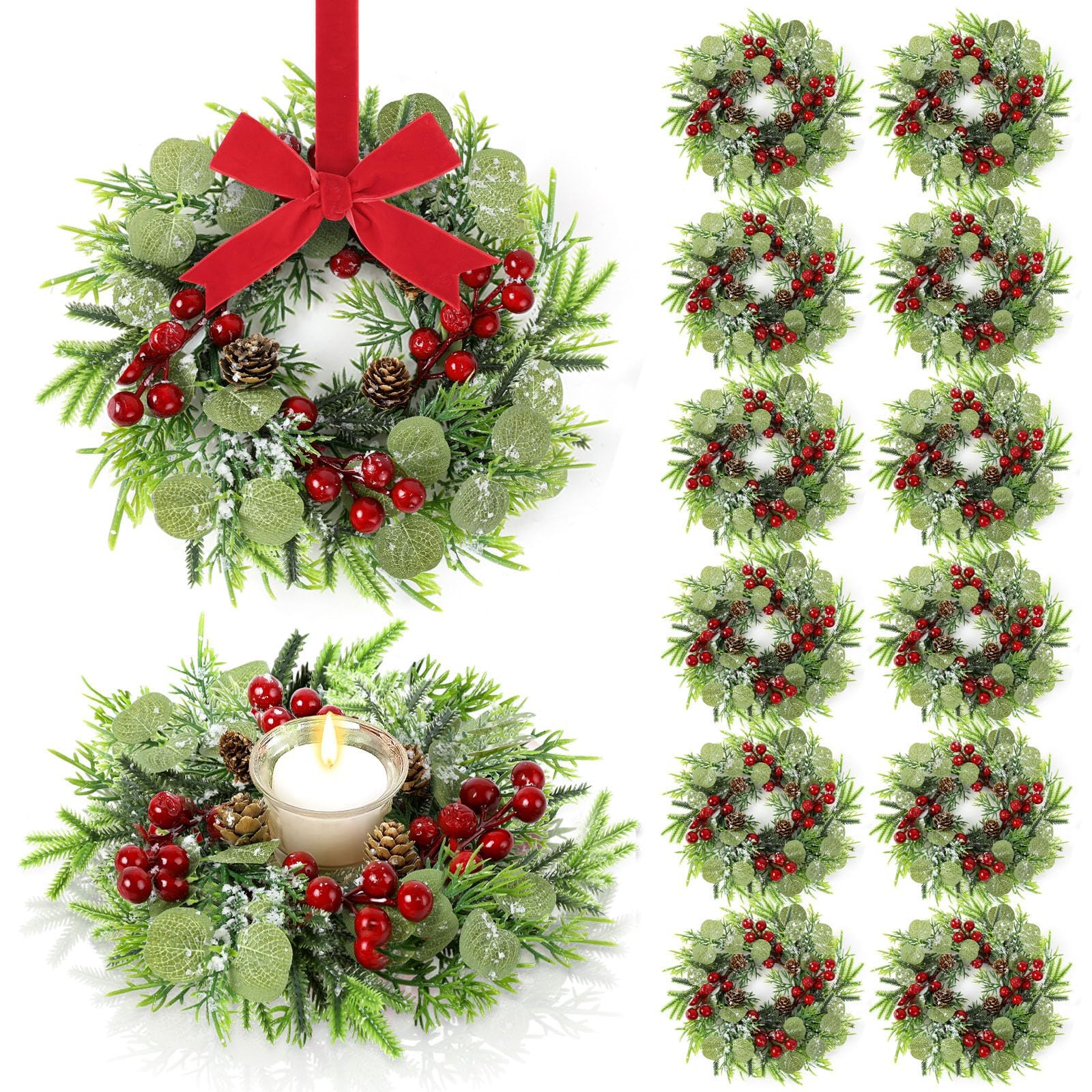 Photo 1 of 12 Pcs Mini Christmas Candle Rings Wreaths 3" Red Berry Norfolk Snowy Pine Winter Wreath Artificial Xmas Kitchen Cabinet Wreath Table Centerpiece for Candle Holder Pillar Front Door Window Wall Decor