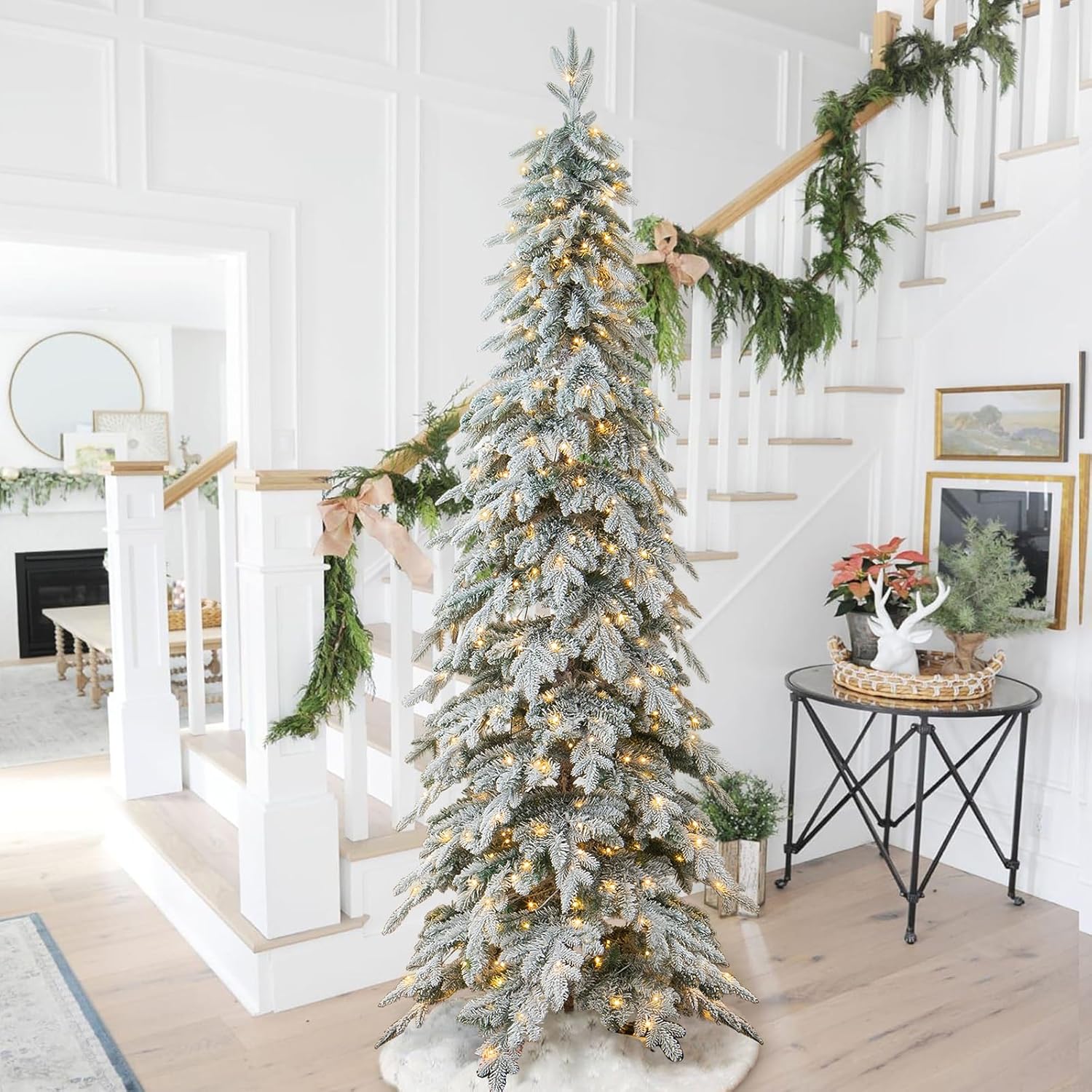 Trees - Glitzhome 9ft Pre-Lit Flocked Pencil Spruce Artificial Christmas Tree with 470 Warm White Lights and Sturdy Metal Stand for Home, Office, Party Decoration