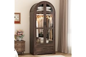 chartustriable 2 Doors Arched Armoire Wardrobe Closet w/Drawers,LED Light,Wooden Closet Wardrobe Cabinet with Hanging Rod for Bedroom,Modern Armoire Storage Cabinet w/Shelf,Rustic Brown