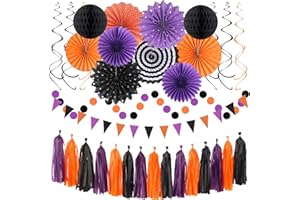 Orange Black Purple Halloween Party-Decorations - 33Pcs Banner,Streamers Tassel Garland,Tissue Pom Poms Honeycomb,Paper Lantern Fan,Birthday Wedding Baby Bridal Shower Decor Hugtmr
