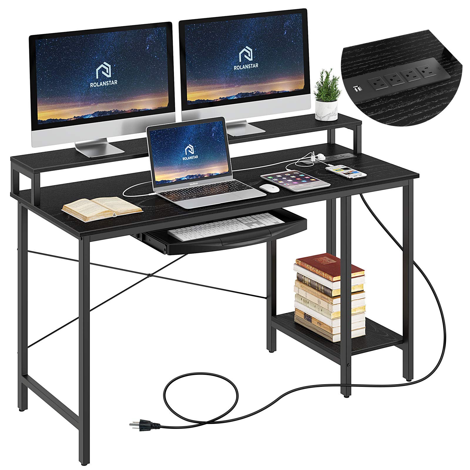 Rolanstar Computer Desk with Power Outlet and Monitor Stand Shelf, 47