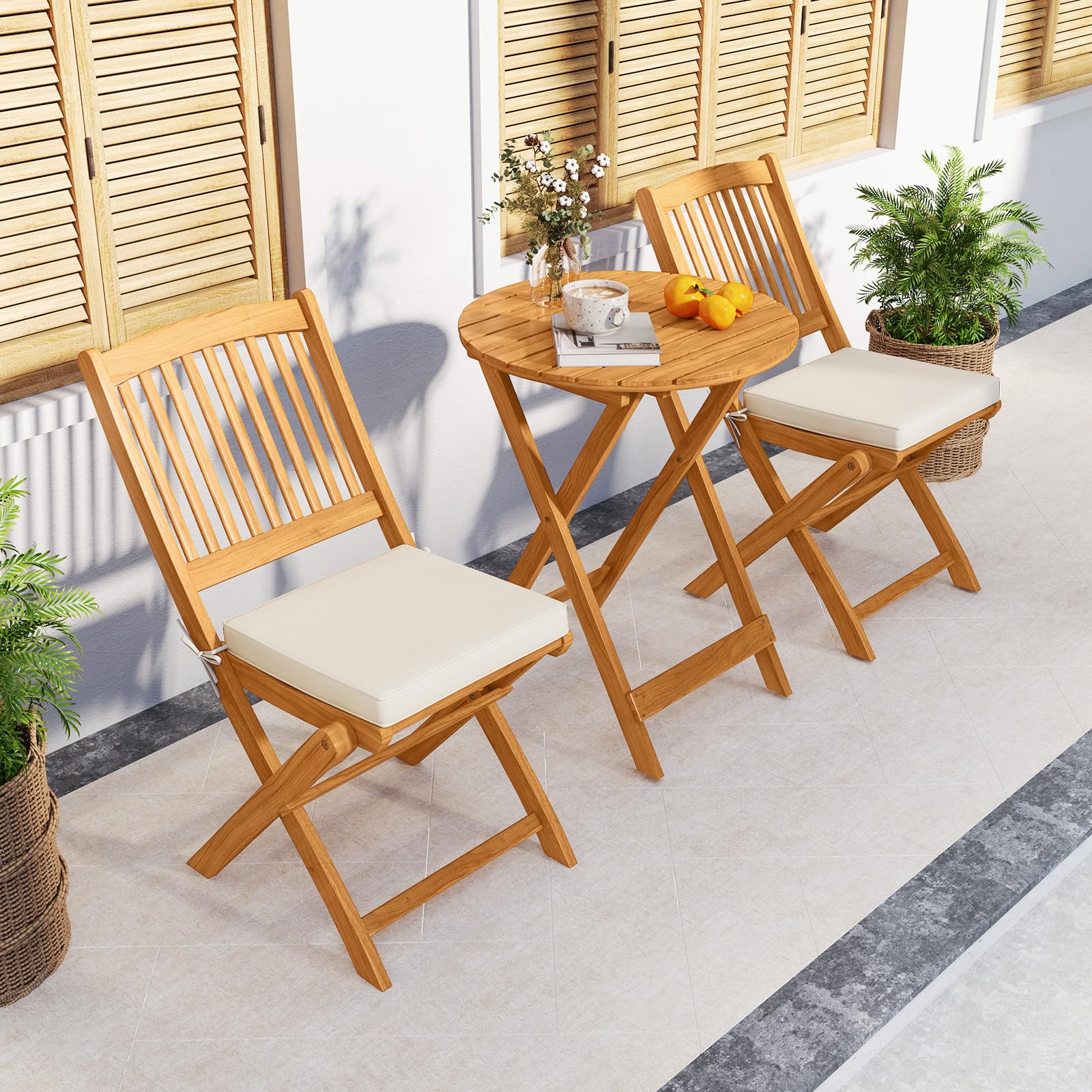 COSTWAY 3tlg. Balkonmöbel Set, Bistrotisch mit 2 Stühlen, klappbares Balkonset aus Akazienholz mit 2 Kissen, Bistroset, Gartengarnitur, Gartenmöbel, Sitzgarnitur, Sitzgruppe für Garten, Balkon (Beige) 8