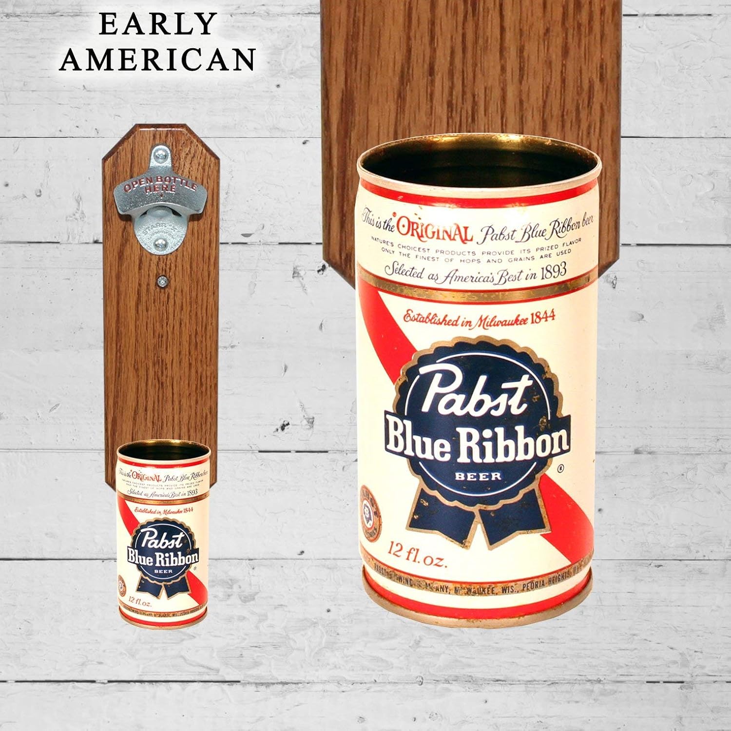 Wall Mounted Bottle Opener with Vintage PBR Pabst Blue Ribbon Beer Can Cap Catcher