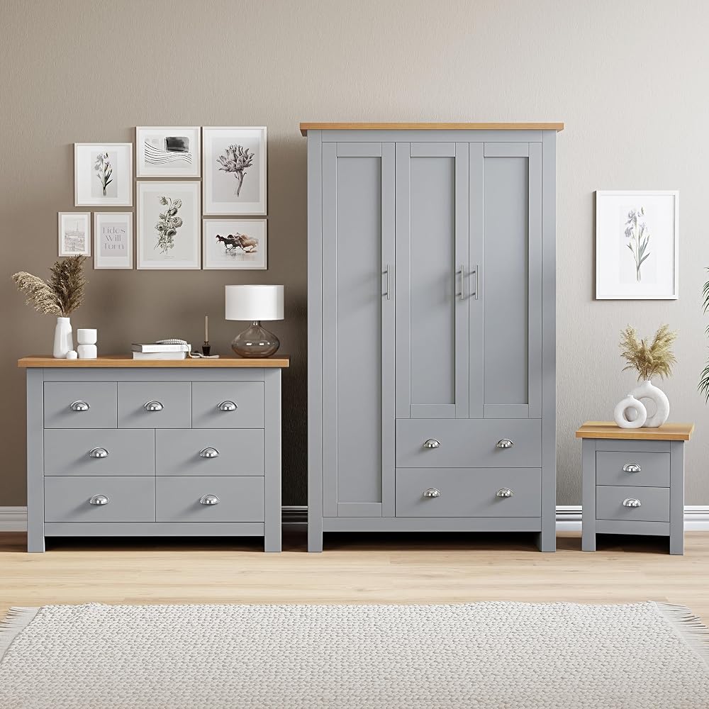 Blisswood 3 Piece Bedroom Furniture Set Grey, Wardrobe & Chest of Drawers