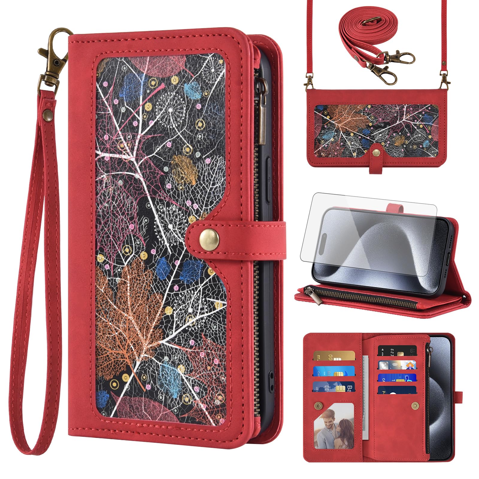 Phone Case for iPhone 15 Pro 6.1 inch Wallet Cover With Screen Protector and Crossbody Wrist Strap Leather Flip Pattern Zipper Credit Card Holder Cell iPhone15Pro 5G i i-Phone i15 iPhone15 15Pro Red