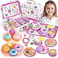 Hohosunlar Kids Tea Party Set for Little Girls, Flower Toy Tin Tea Set with Carry Case, Dessert Play Food Tea Cup Set Teapot Girl Jewelry, Birthday for Girls Kids 3 4 5 6 7 Years Old