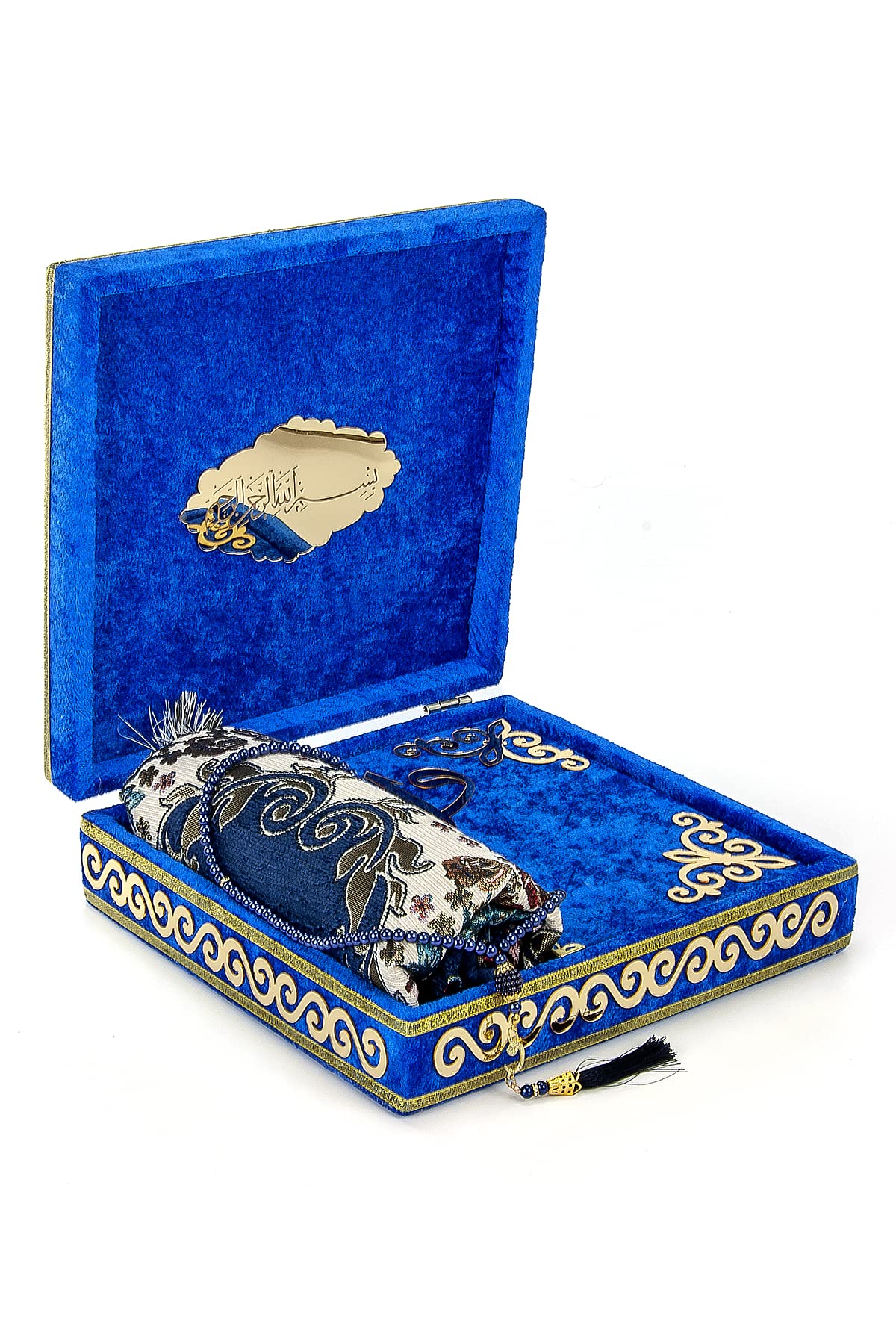 ihvan online Luxury Islamic Prayer Velvet Covered Gift Box, Deluxe 4 Piece Set with Elegant Velvet Covered Quran & Prayer Beads Tesbih & Prayer Rug, Ramadan & Eid Gift, Navy Blue
