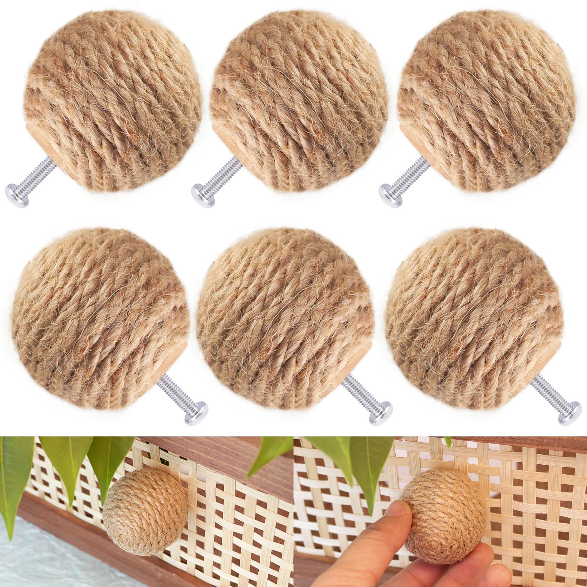 EureKaEr Set of 6 Nautical Jute Rope Drawer Handles - Bohemian Decoration - Furniture and Door Knobs - Wooden Handles for Dresser