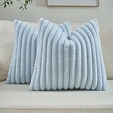FUTEI Light Blue Throw Pillow Covers Set of 2, 20x20 Inch Soft Faux Rabbit Fur Striped Texture Cushion Cases, Modern Decorative Couch Pillows for Living Room Bed