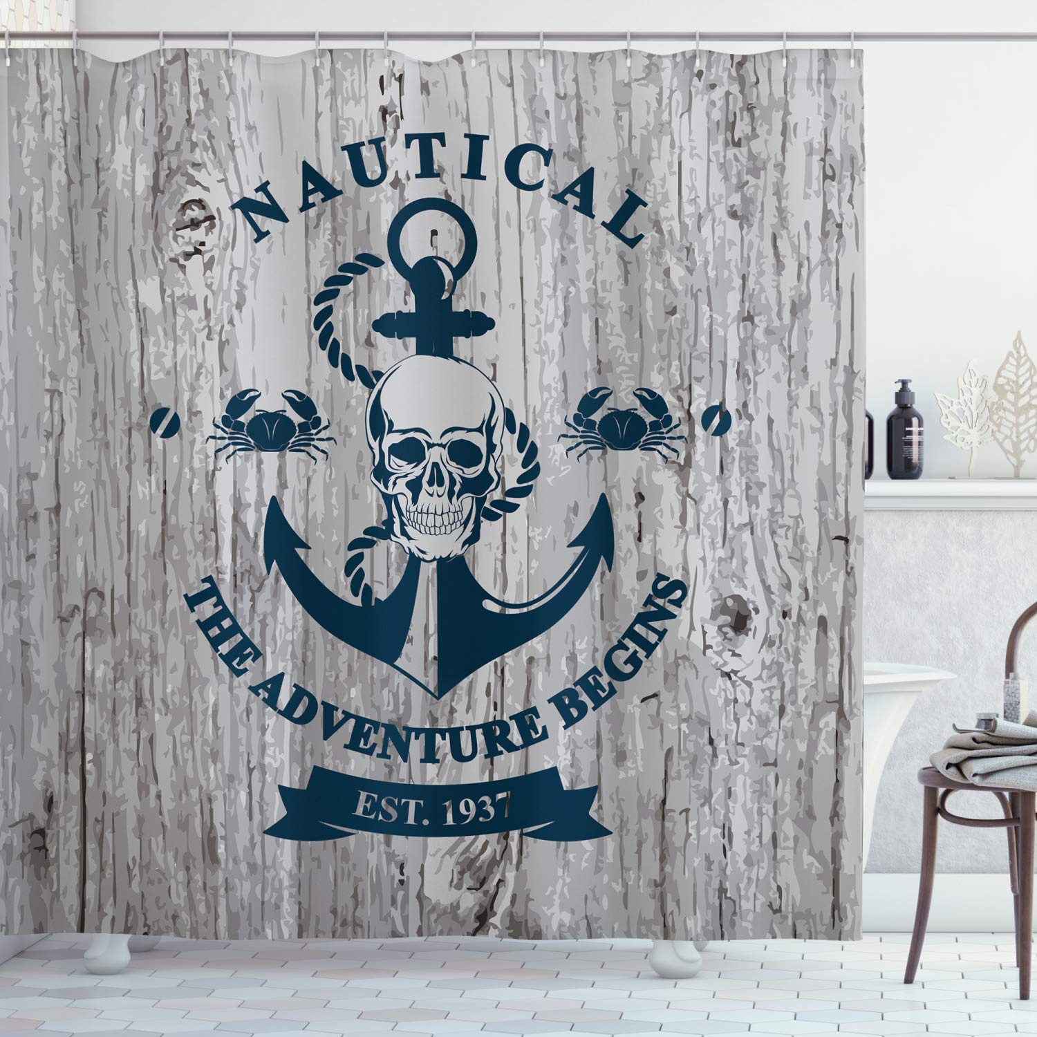 ABAKUHAUS Anchor Shower Curtain, Art Skull Rope Nautical the Adventure Begins Message Historic Marine Print, Cloth Fabric Bathroom Decor Set with Hooks, 94 Inches, Beige Navy Blue