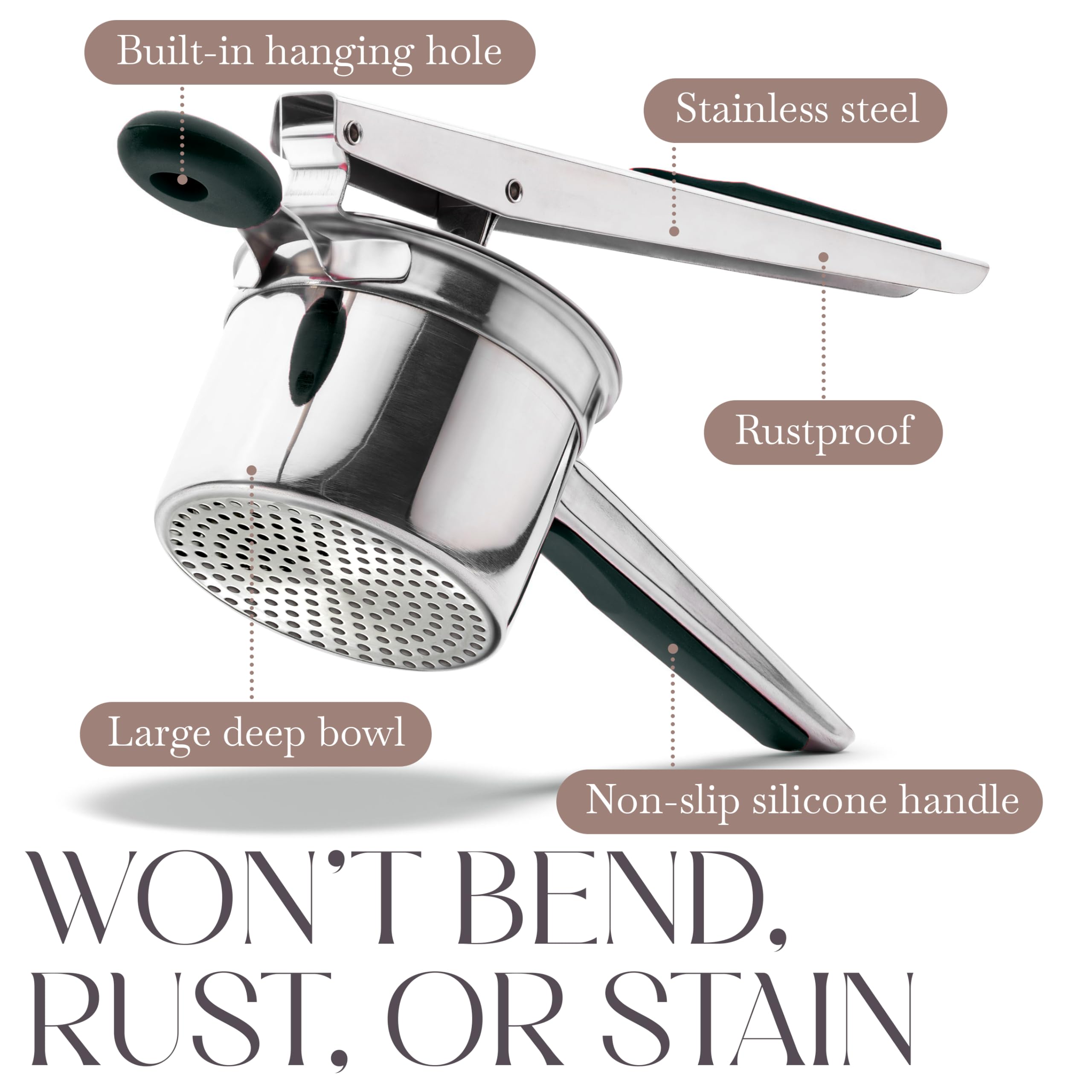 Bellemain 15oz Large Potato Ricer for Mashed Potatoes, Stainless Steel Mashed Potato Masher & Squeezer, Easy-To-Clean Professional-Grade Hand Vegetable Ricer, Kitchen Tool, Food Press & Food Mill