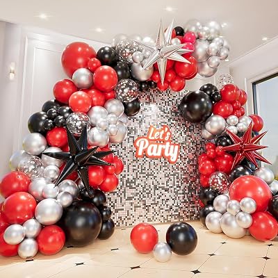 Conleke 161Pcs Red Black Silver Balloon Arch Kit Explosion Star Balloons