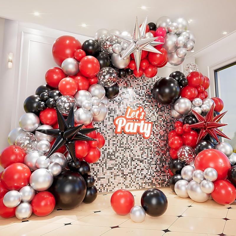 Conleke 161Pcs Red Black Silver Balloon Arch Kit Explosion Star Balloons