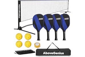 AboveGenius Pickleball Set with Net, Pickleball Paddles Set of 4, Portable Net for Driveway, Lightweight Rackets, 4 Outdoor Balls, 1 Storage Bag
