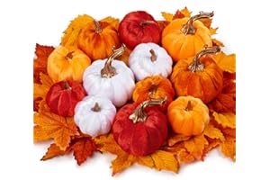 DILATATA 12 Pcs Assorted Artificial Pumpkins with 24pcs Maple Leaves Velvet Pumpkins Mini Fake Pumpkins for Fall Decor Halloween Thanksgiving Decor Table Centerpiece Mantel Decor