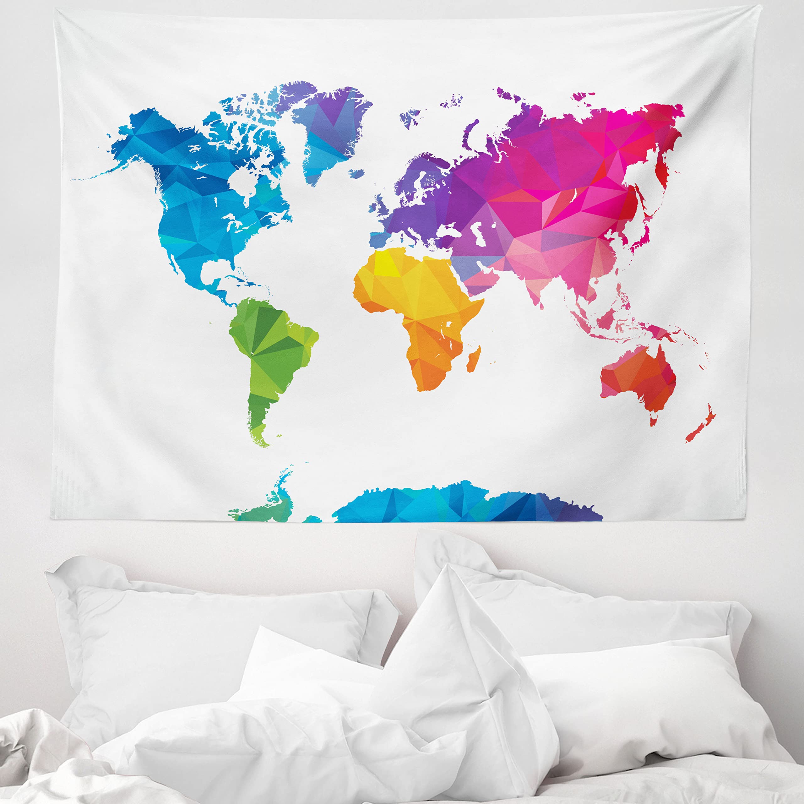 ABAKUHAUS Map Tapestry, Low Poly Style Illustration of World Map Mosaic with Graded Rainbow Colors, Fabric Wall Hanging Decor for Bedroom Living Room Dorm, 58 W X 43 L, White Multicolor