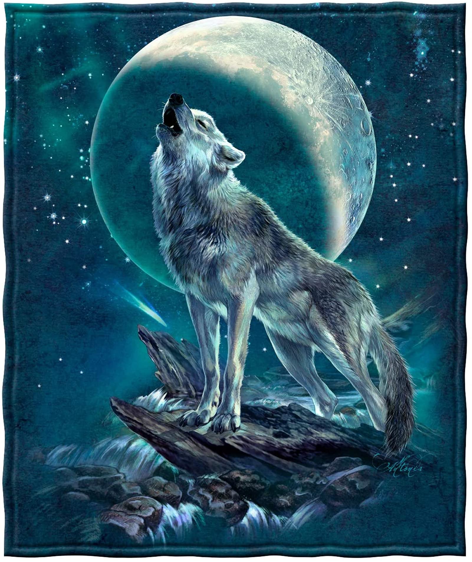 Biyejit Moon Wolf Print Blanket Fleece Flannel Air-conditioning Throw Blankets for Home Decorative for Couch, Bedroom,Living Room, Sofa, for Both Kids Adults