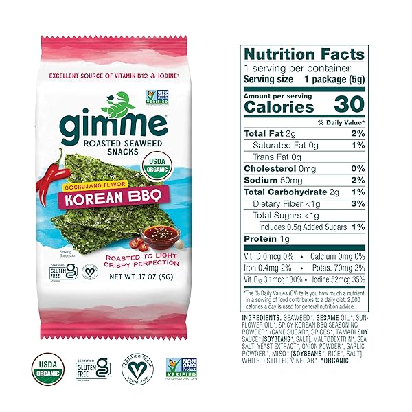 GIMME SEAWEED ORGANIC PREMIUM ROASTED SEAWEED SNACKS, KOREAN BBQ, 6 COUNT, KETO, VEGAN, GLUTEN-FREE, GREAT SOURCE OF OMEGA3S AND IODINE, HEALTHY ON-THE-GO SNACK FOR KIDS AND ADULTS