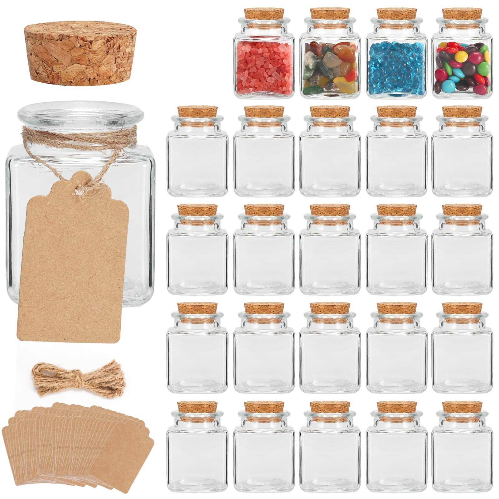 24 Pack 50 ml Mini Glass Jars Bottles with Cork Stoppers Small Clear Square Bottles Cosmetics Container for DIY Arts Crafts Decoration, Weddings Favors Accessories