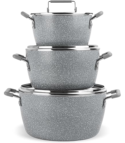 Kamberg Juego De Utensilios Cocina 6 Piezas Acero Inoxidable Con Revestimiento Piedra - Mangos Extraíbles, Apto Inducción, Libre PFOA, Gris