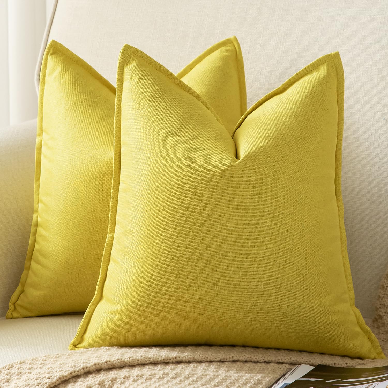 YAERTUN Pack of 2 Decorative Linen Soild Cushion Covers Farmhouse Neutral Throw Pillow Cases for Chair Couch Sofa Bedroom Living Room Home Decor 20 x 20 Inch 50x50 cm Yellow