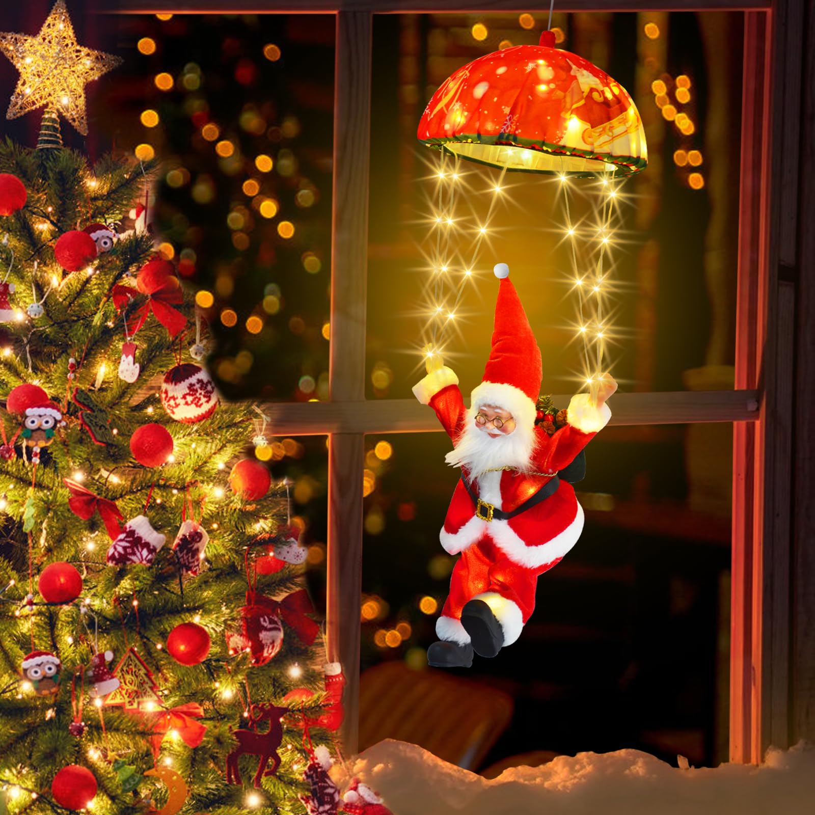 Photo 1 of Baung LED Christmas Decorative Hanging Lights with 1.31ft Parachute Santa Claus, Christmas Decorations Lights for Indoor Outdoor, Window, Garden, Home, Wall, Xmas Tree Decor