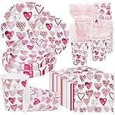 JarThenaAMCS Valentine's Day Party Supplies Kit Watercolor Pink Heart Tableware Set Disposable Paper Plates Cups Napkins Forks Knives Spoons For 25 Guests Wedding Birthday