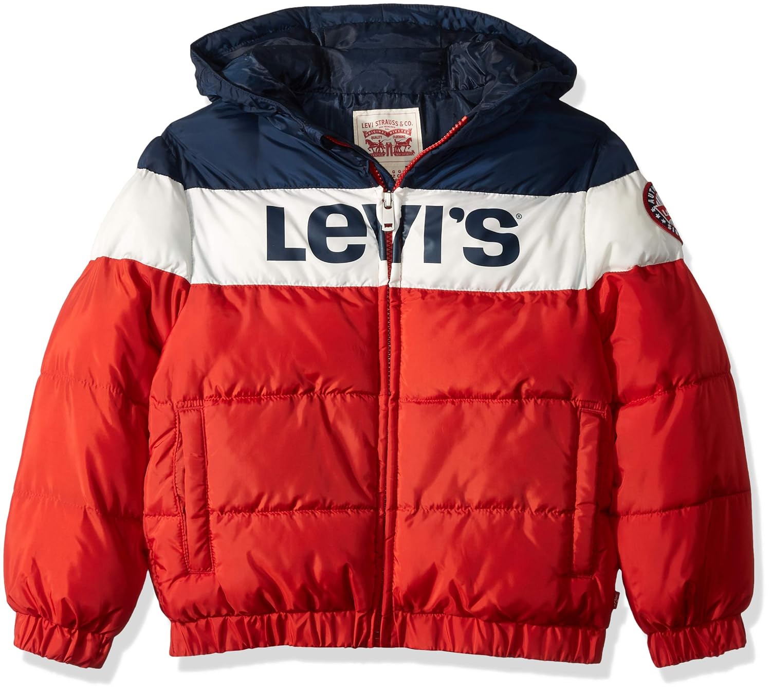 Levi's Boys' Toddler Puffer Jacket, Marshmallow/Red/Blue Logo, 2T