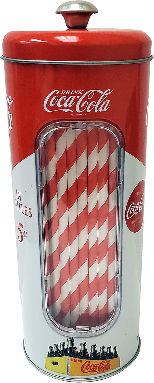 The Tin Box Company Coke Holder Tin with 20 Paper Straws Inside, 3-3/8 x 8-1/4