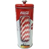 The Tin Box Company Coke Holder Tin with 20 Paper Straws Inside, 3-3/8 x 8-1/4"H, Red and White