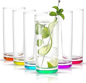 JoyJolt Highball Glasses – Set of 6 Colored Drinking Glasses – Glassware Set for Mixed Drinks, Cocktails, or Water – Elegant and Festive Design – Drink Glasses with In-Glass Coloring – 12oz
