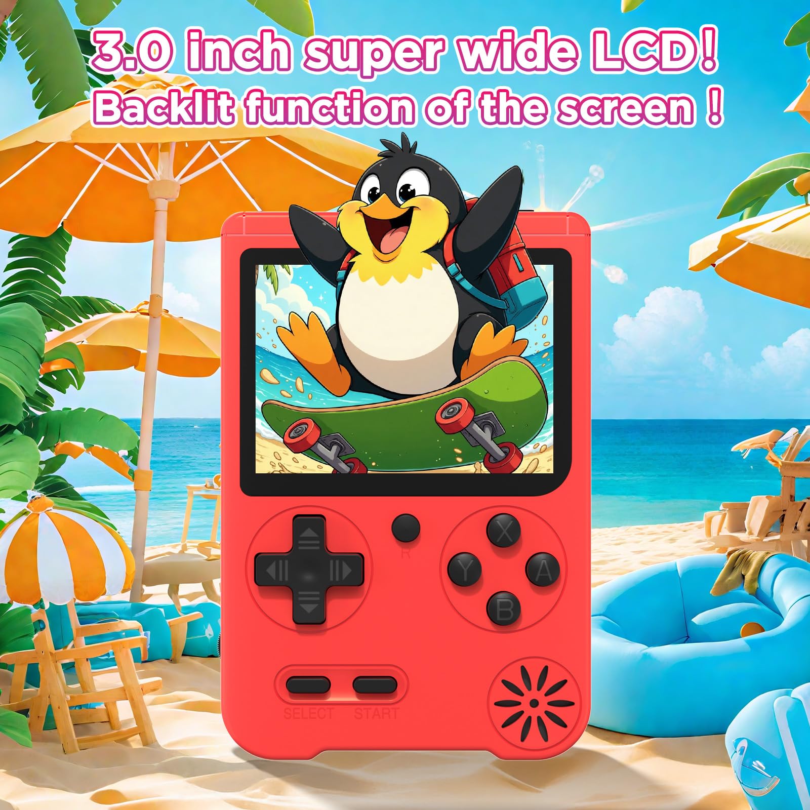 Handheld Games Console, Built-in 500 Video Games, Portable Video Gaming Player with 3.0 Inch lPS Screen，Rechargeable Portable Electronic Gaming System, Pocket Mini Arcade, Red