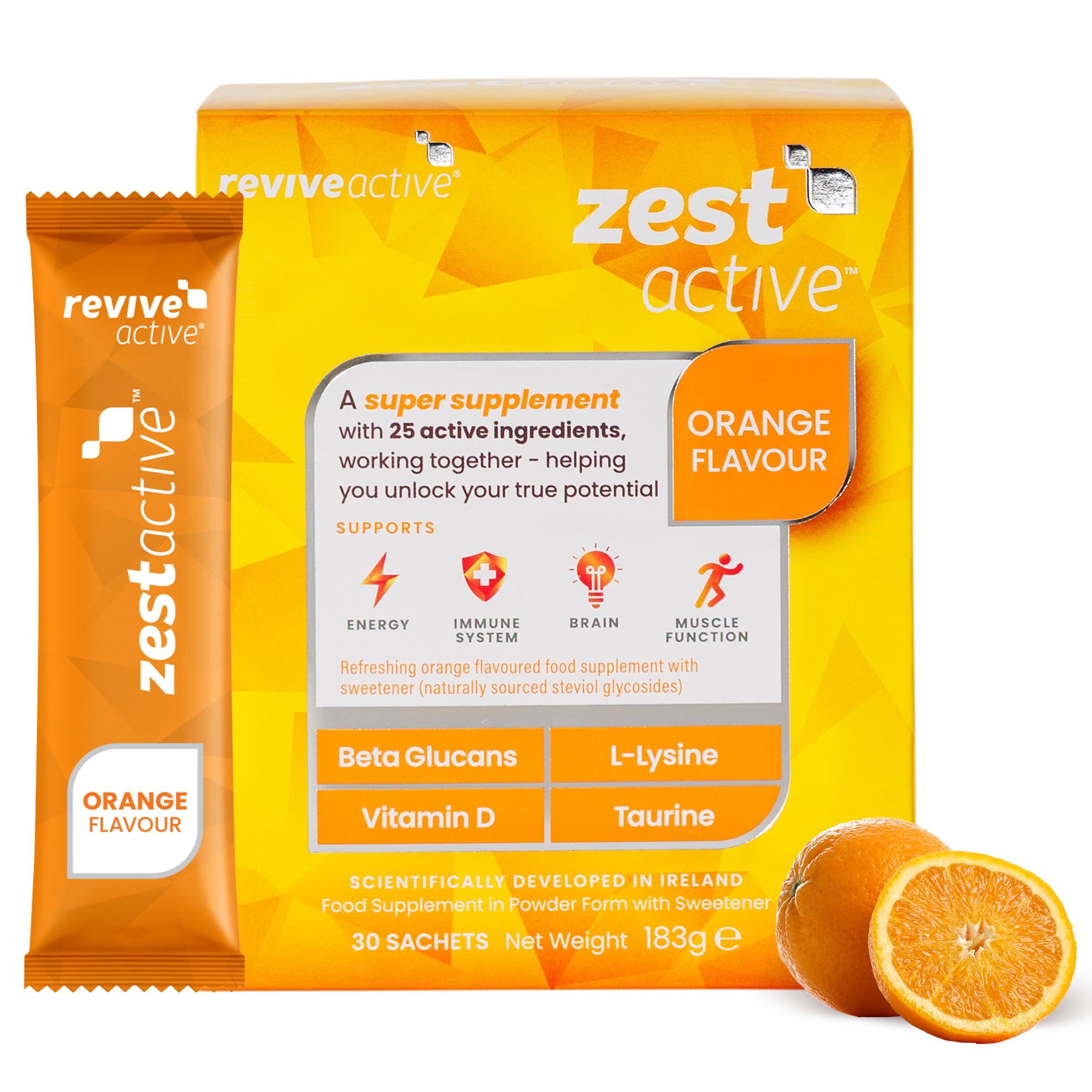 Zest Active Multivitamin Super Supplement - 25 Ingredients in One Daily Sachet - Vitamin D, C, B12, Magnesium, Supports Energy, Immune System, Brain & Muscle Function - Orange Flavour, 30 Day Supply