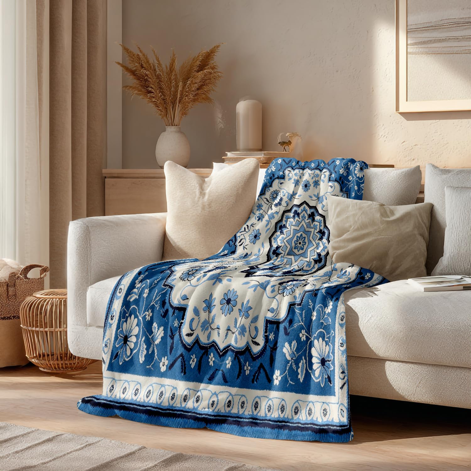 Batmerry Blue Ethnicl Persian Throw Blanket for Couch Sofa Bed,Mandala Tribal Super Soft Warm Fuzzy Plush Blankets Decor Lightweight Cozy Travel Camping Blanket 60 x 50 in