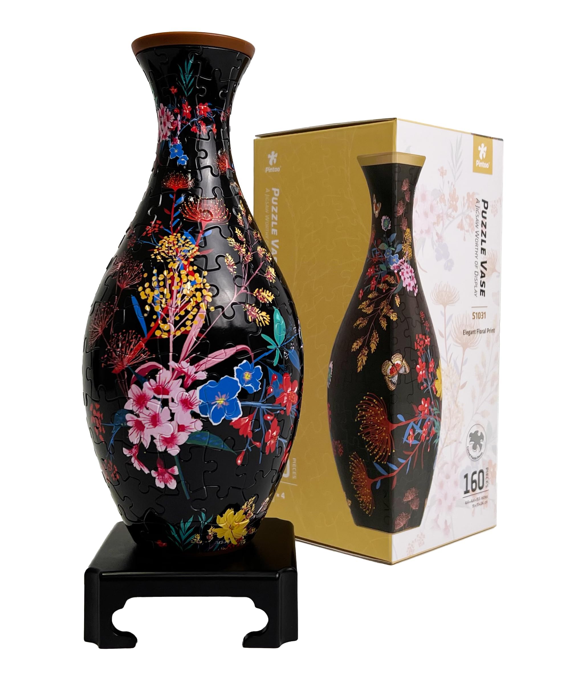 Pintoo 3D Puzzle Vase Unique Flower Vase Made By 160 Curved Plastic Puzzle Pieces House Warming Gift for Flower Arrangements and Home Decoration - [S1031] (Classic, Elegant Floral Print)