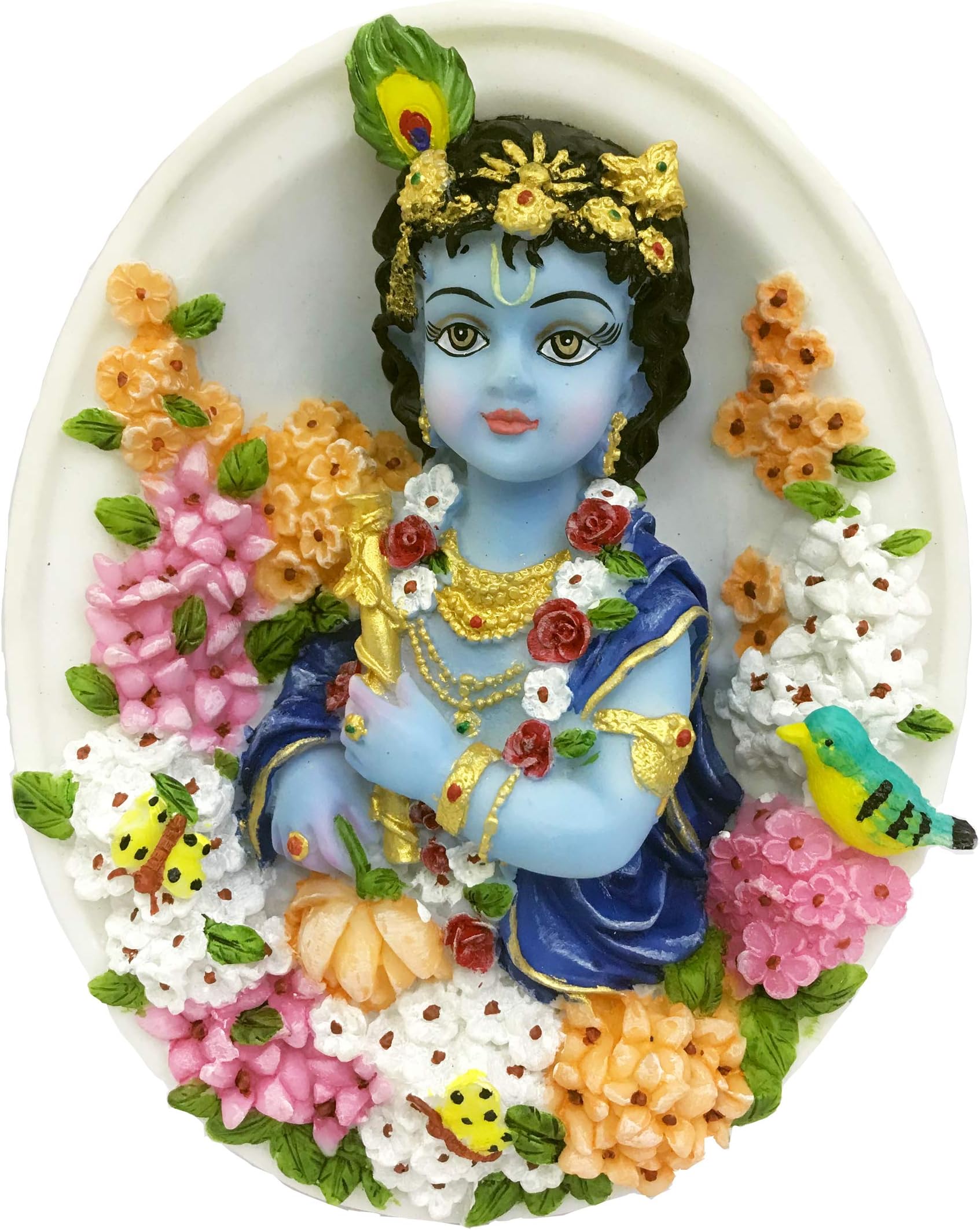 Sri Krishna Culture Hand Crafted Big Oval Shape Krishna Murti with Flute and Flowers God Idol Wall Hanging-Hindu Goddess and God Idol/Statue/Murti/Figurine(8")