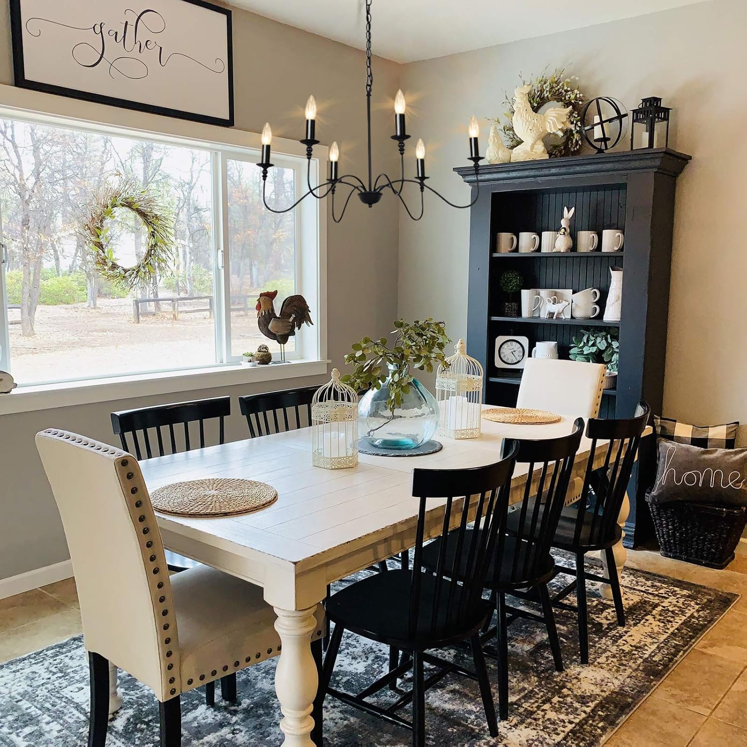 Black Metal Farmhouse Chandelier 6 Light, Classic Wrought Iron Ceiling Pendant Light Fixture and Traditional Style for Dining Table Living Room Foyer - - 