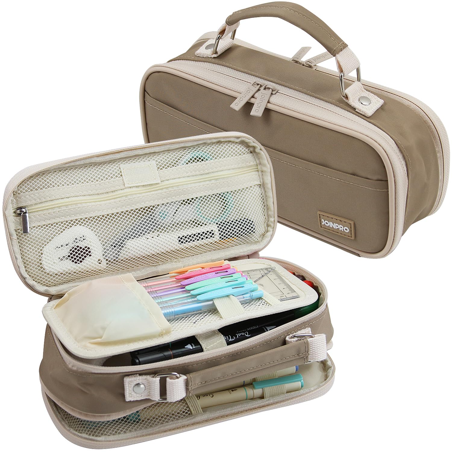 JOINPRO Pencil Case, Large Capacity Pencil Case Organizer; Double Zipper Storage Bag; Big Pencil Pouch for College School Office Teen Girl Boy Men Women Adult (Brown)