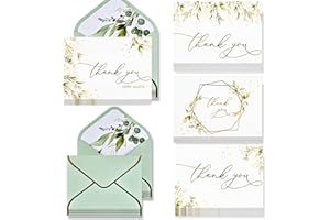 Thank You Cards with Envelopes Bulk 100 PK, Sage Green And Gold Foil Stamped 5x3.5 Inches. Ideal For Wedding, Blank Thank You