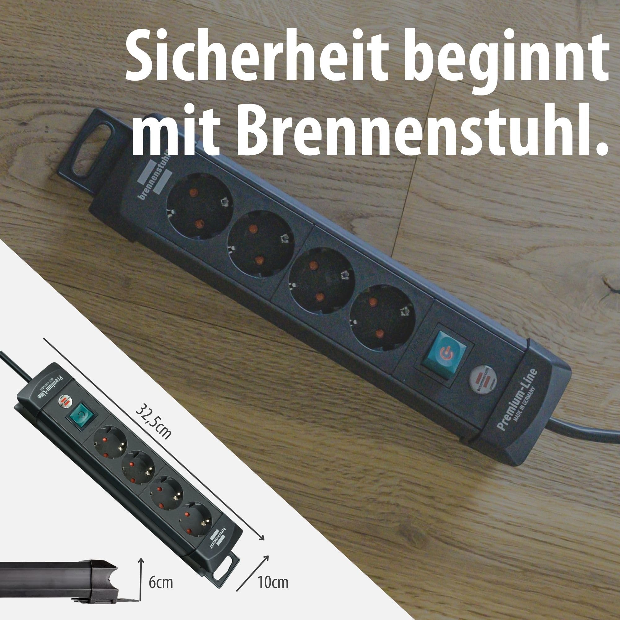 Brennenstuhl Premium-Line Steckdosenleiste 4-Fach (Mehrfachsteckdose mit Schalter und 1,8m Kabel -45° Winkel der Schutzkontakt-Steckdosen, Made in Germany) schwarz 7