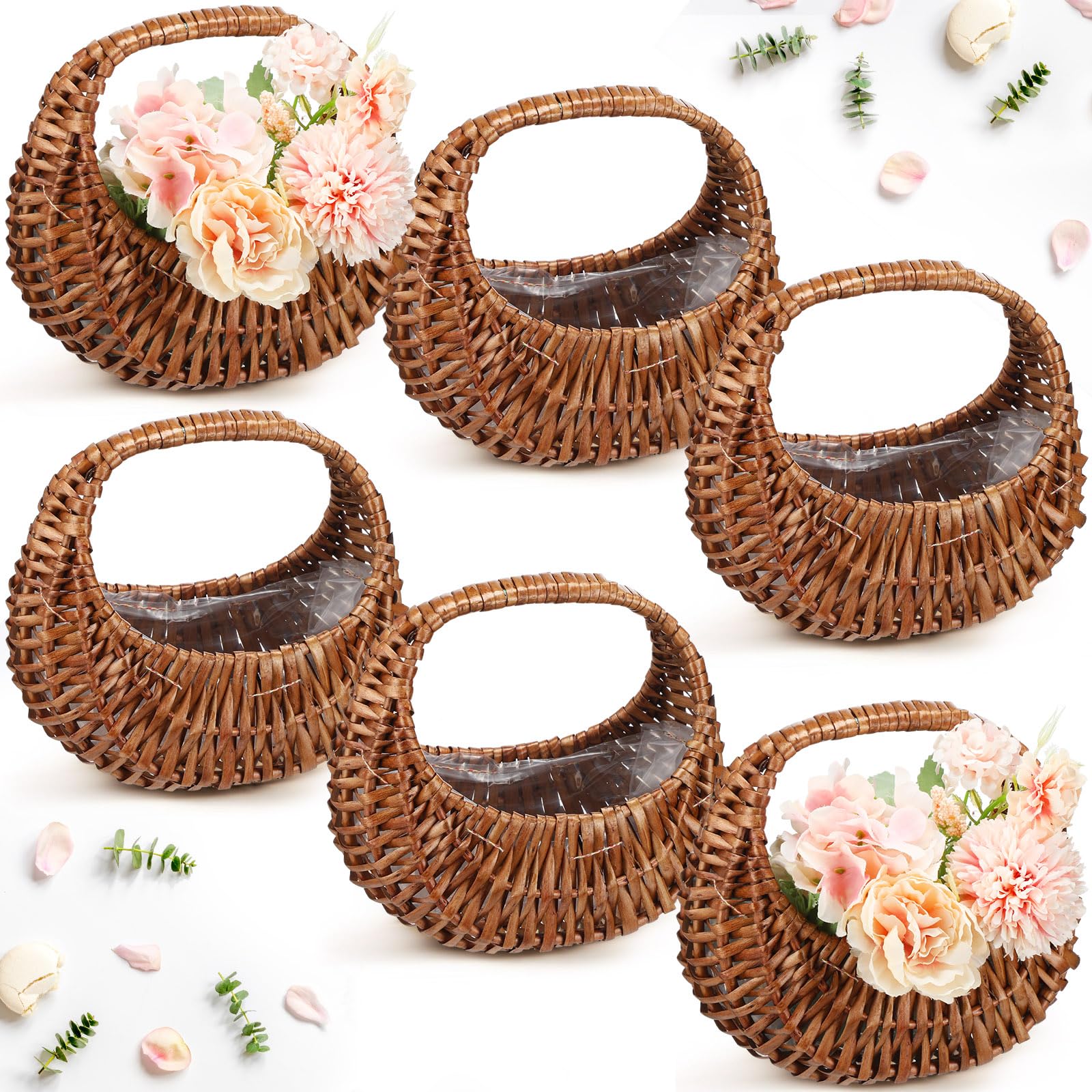 Photo 1 of Hushee 6 Pcs Woven Flower Girl Basket 6.7 x 6.5 x 4.3 Inches Decorative Small Wicker Basket with Handle for Eggs Candy Storage Home Decoration Wedding Gifts Camping Picnic