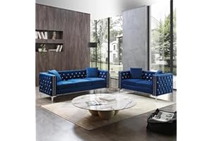 Fulocseny 2 Piece Modern Velvet Upholstered Living Room Sofa Set with 3-Seater Sofa and Loveseat, Jeweled Button Tufted Copper Nails Square Arms, 4 Pillows Included,5 Seater (Blue + Velvet)