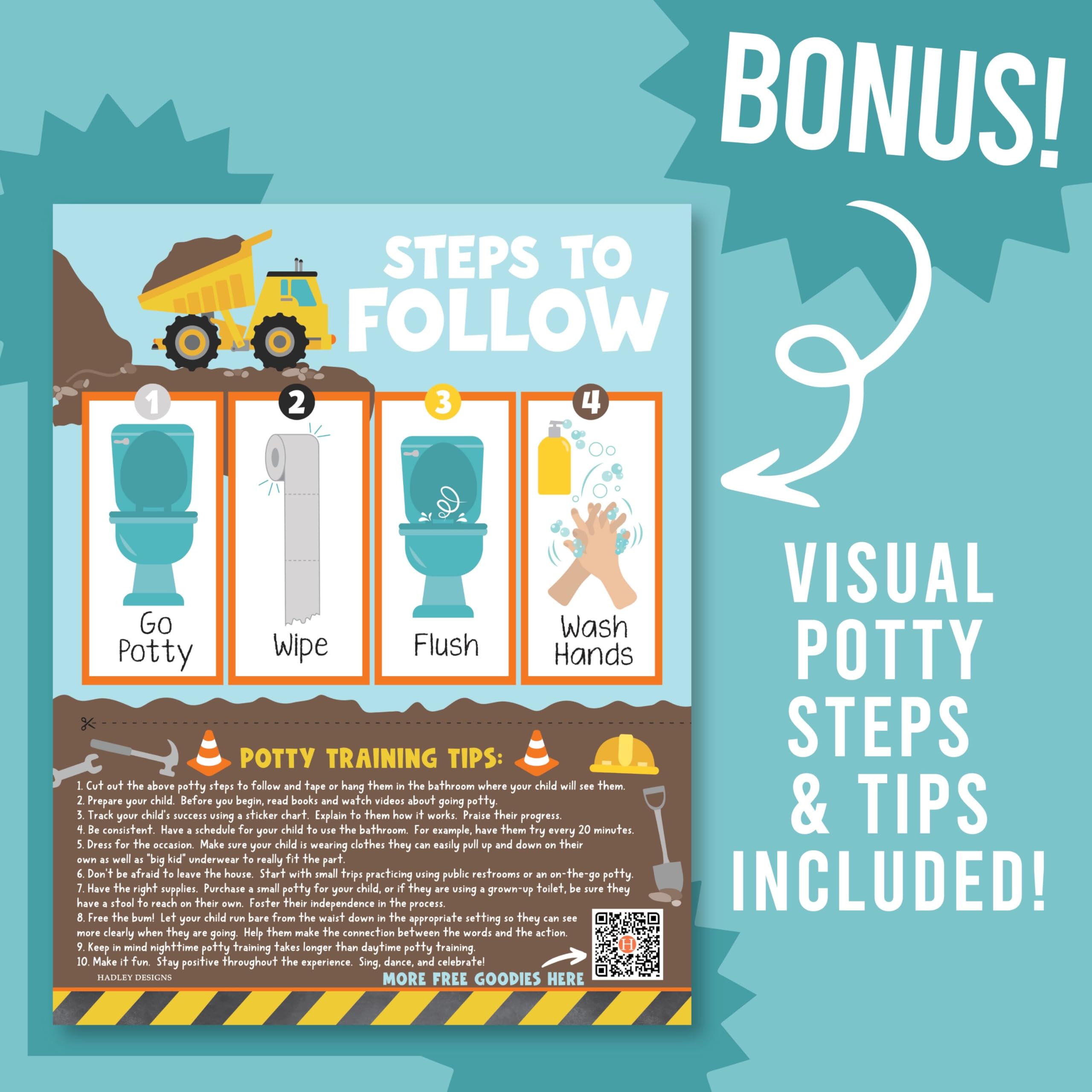 Hadley Designs Potty Training Chart for Boys with Fun Reward Stickers – 10 Potty Chart for Toddlers Boys, 8.5x11