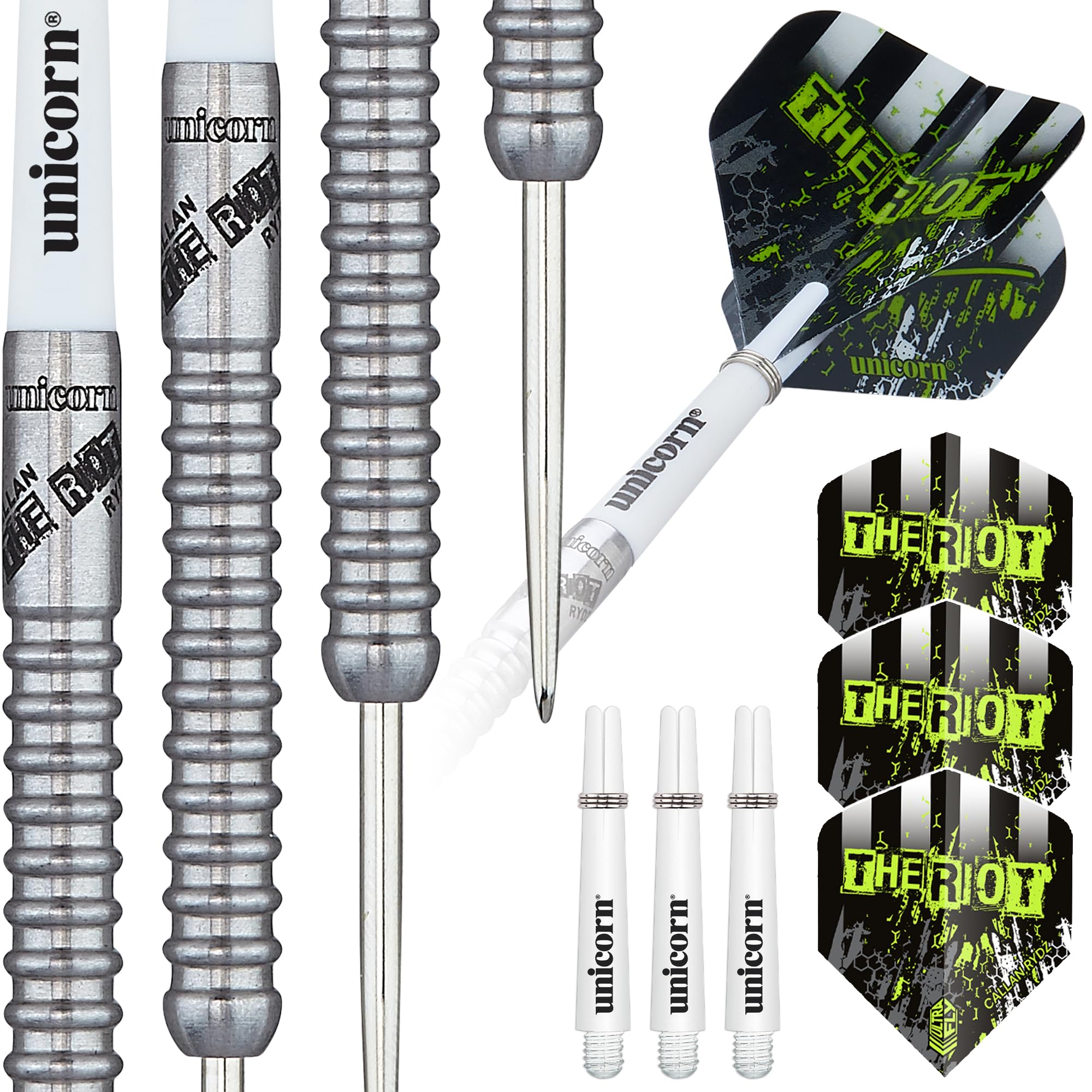 Unicorn Steel Tip Darts Set | Callan 'The Riot' Rydz Contender | 90% Natural Tungsten Barrels | Gripper 3 Shafts | 22 g